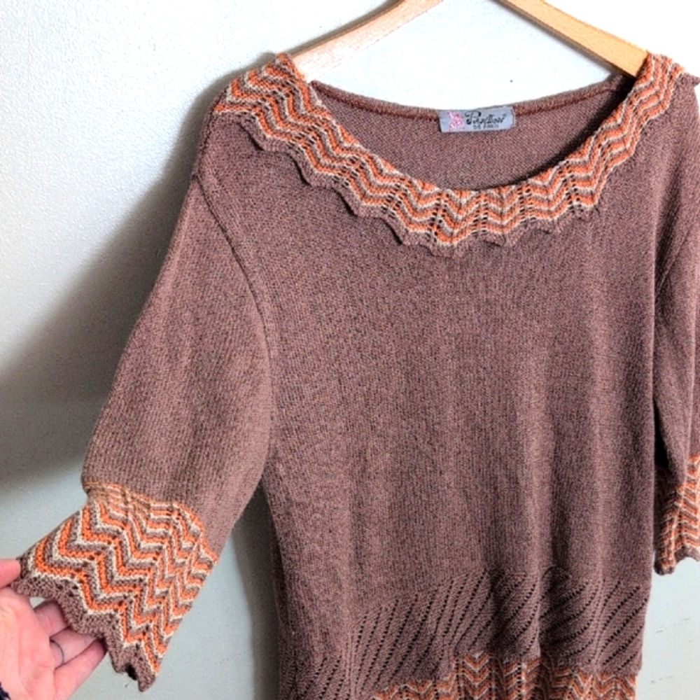 🌼Vintage de Paris Papillon Blanc Off-the-Shoulder Sweater in Orange& Brown